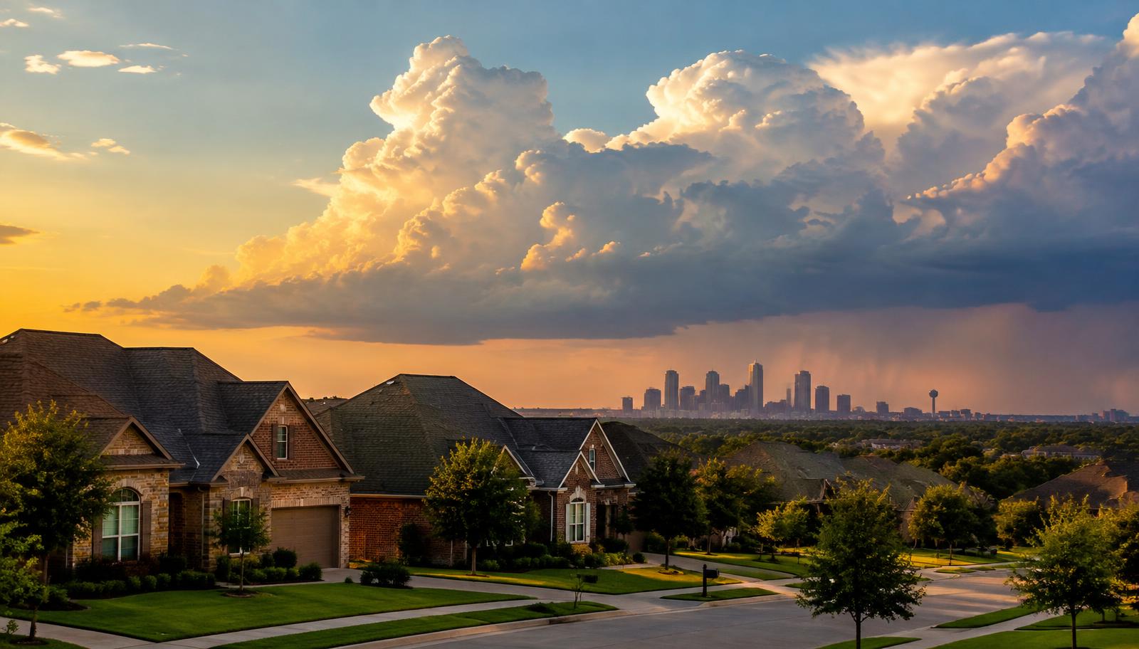 North Texas homes beneath storm clouds, with the Dallas skyline in the distance